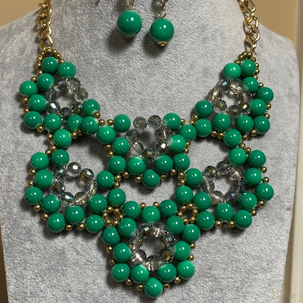 Green And Clear Grey Glass Bead Gold tone Finish Necklace Earring set